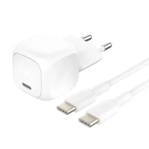 Chargeur mural compact rapide Belkin – 20W – 1m – Avec câble type-c – Pour iPhone et Samsung – Blanc