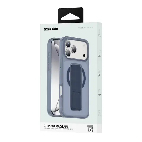 Coque pour iPhone 17 Pro Max MagSafe avec support pliable, Résistance aux chocs, Aimants puissants, Anti-rayures, Dragonne en cuir, Protection de l’appareil photo, Bleu titane – Green Lion GNGRP17PMBL – Image 2