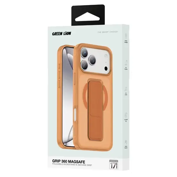 Coque pour iPhone 17 Pro Max MagSafe avec support pliable, Résistance aux chocs, Aimants puissants, Anti-rayures, Dragonne en cuir, Protection de l’appareil photo, Orange titane – Green Lion - GNGRP17PMOG – Image 2
