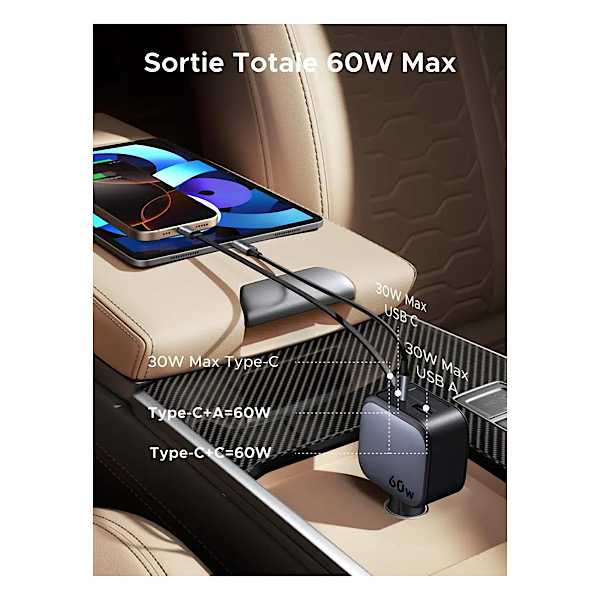 UGREEN Nexode 60W Chargeur Allume Cigare USB C Rétractable PPS PD QC 3.0 Chargeur Voiture Charge Rapide – Image 3