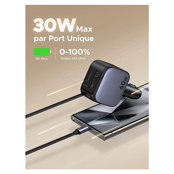 UGREEN Nexode 60W Chargeur Allume Cigare USB C Rétractable PPS PD QC 3.0 Chargeur Voiture Charge Rapide – Image 4