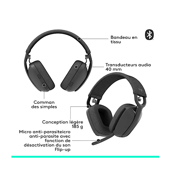 Casque Bluetooth Logitech Zone Vibe 100 - Micro à Réduction de Bruit Escamotable - Autonomie 20h - Ultra Léger (185g) & Confortable - Compatible Zoom, Google Meet, Teams - Son Immersif pour Télétravail et Musique - Éco-conçu - Noir – Image 6