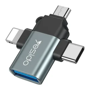 Adaptateur OTG 3en1 pour téléphone et ordinateur Yesido – Entrée USB sortie Type-c, Lightning et Micro – GS15