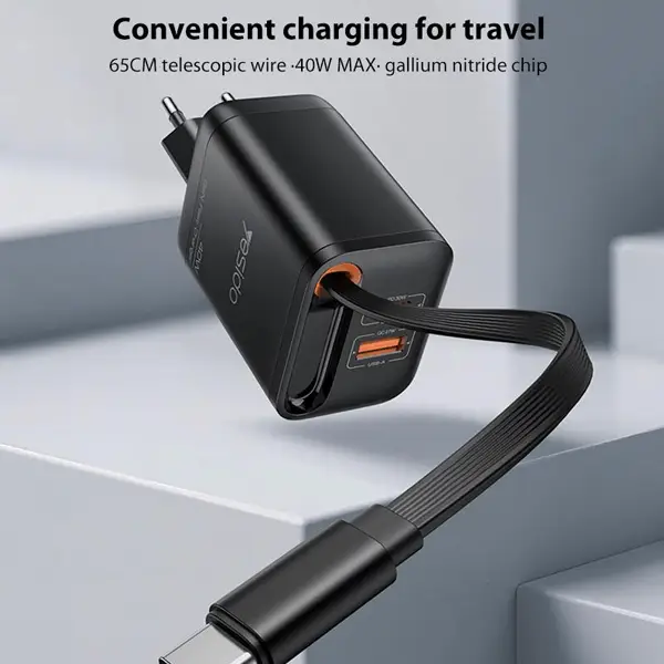 Chargeur rapide rétractable avec deux ports supplémentaires Yesido GaN – 40W – Câble type-c 65cm – 1 port USB – 1 port type-c – YC99 – Image 2