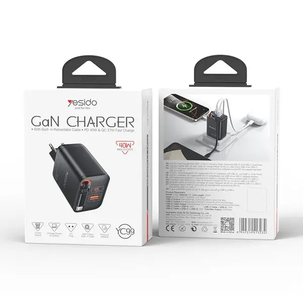 Chargeur rapide rétractable avec deux ports supplémentaires Yesido GaN – 40W – Câble type-c 65cm – 1 port USB – 1 port type-c – YC99 – Image 4