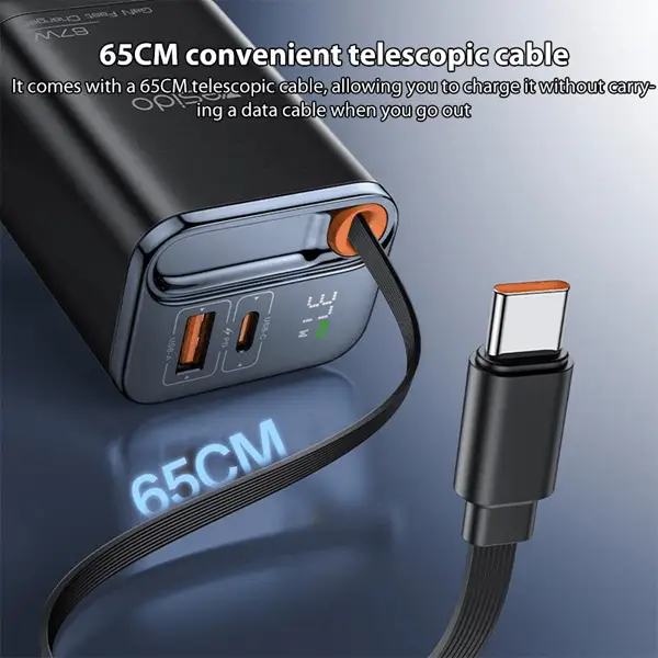 Chargeur rapide rétractable avec deux ports supplémentaires Yesido GaN – 67W – Câble type-c 65cm – 1 port USB – 1 port type-c – YC100 – Image 2