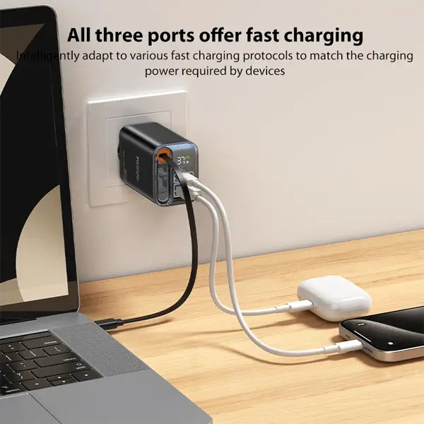 Chargeur rapide rétractable avec deux ports supplémentaires Yesido GaN – 67W – Câble type-c 65cm – 1 port USB – 1 port type-c – YC100 – Image 3