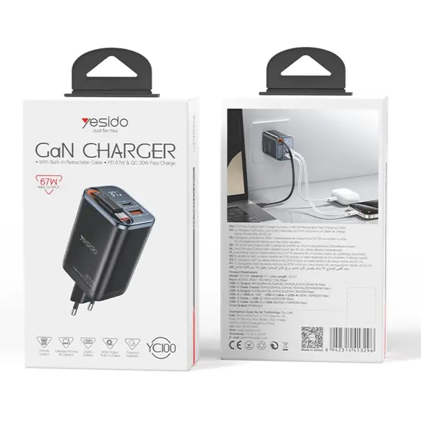 Chargeur rapide rétractable avec deux ports supplémentaires Yesido GaN – 67W – Câble type-c 65cm – 1 port USB – 1 port type-c – YC100 – Image 4