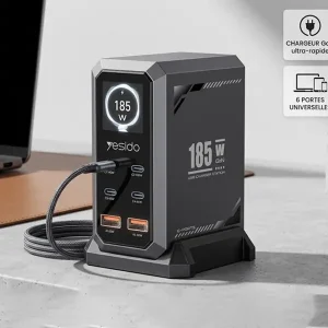 Chargeur rapide à multi ports Yesido – 185W – 4 ports type-c et 2 ports USB – YC118