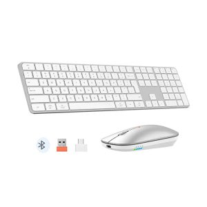 Meetion C230 Combo Clavier et souris ultra fin - Sans fil double connectivité (Dongle USB 2.4 Ghz et Bluetooth) - Blanc - AZERTY