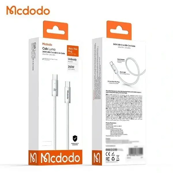 Câble de charge Mcdodo Cab Luma – 240W – Type-c vers type-c – 1.8m – Indicateur LED d’état de charge – Pour MacBook et iPhone – Blanc – CA-7083 – Image 2
