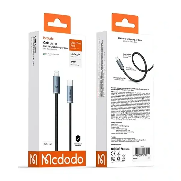 Câble de charge Mcdodo Cab Luma – 36W – Type-c vers Lightning pour iPhone – 1.8m – Indicateur LED d’état de charge – Noir – CA-7781 – Image 2