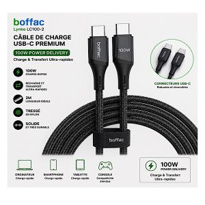 BOFFAC Lynko LC100-2 - Câble USB-C vers USB-C 100W Power Delivery 2m - Charge Rapide & Transfert de Données - Nylon Tressé