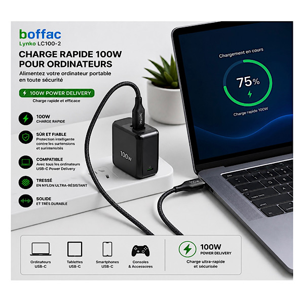 BOFFAC Lynko LC100-2 - Câble USB-C vers USB-C 100W Power Delivery 2m - Charge Rapide & Transfert de Données - Nylon Tressé – Image 2