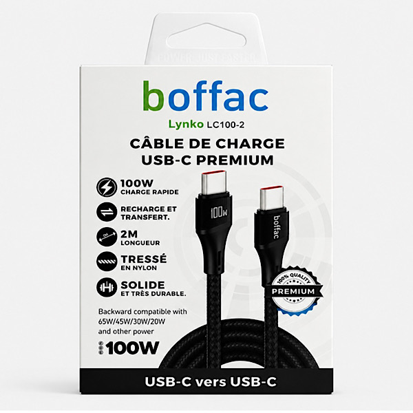 BOFFAC Lynko LC100-2 - Câble USB-C vers USB-C 100W Power Delivery 2m - Charge Rapide & Transfert de Données - Nylon Tressé – Image 4