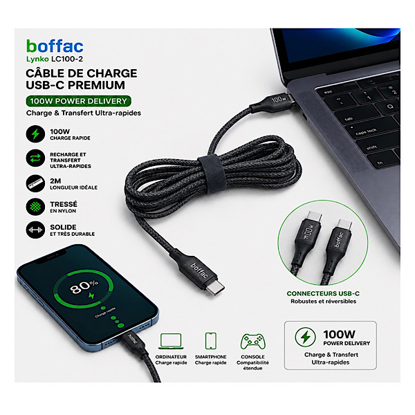 BOFFAC Lynko LC100-2 - Câble USB-C vers USB-C 100W Power Delivery 2m - Charge Rapide & Transfert de Données - Nylon Tressé – Image 5
