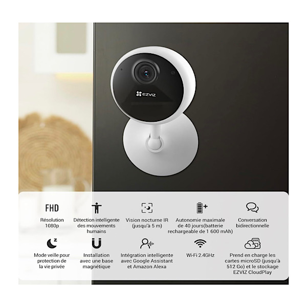 EZVIZ CB1 1080P Camera Surveillance WiFi Intérieur sans Fil sur Batterie 1600mAh, Caméra Bébé WiFi 2.4Ghz, Détection de Personne, 5m Vision Nocturne, Audio Bidirectionnel, Type C, Magnetic Mount – Image 2