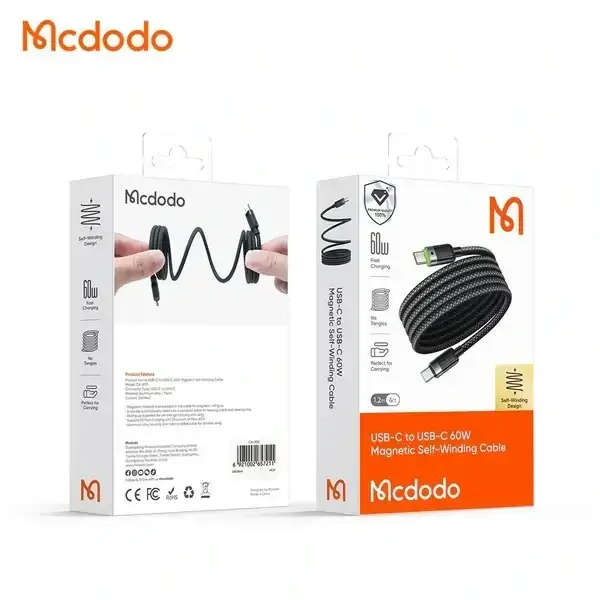 Câble de charge Mcdodo – 60W – Type-c vers Type-c – 1.2m – Câble magnétique auto-enroulable – Voyant lumineux – CA-2000 – Image 2