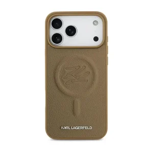 Coque de téléphone avec logo Karl initial embossé Karl Lagerfeld – Pour iPhone 17 Pro Max – Compatible MagSafe – Marron – Similicuir – KLOHMP17XPGFKLRDW
