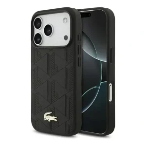 Coque Pour iPhone 17 Pro avec logo crocodile Nomogramme Gold Lacoste, Compatible MagSafe, Cuir, Noir – LCHMP17LPNOK