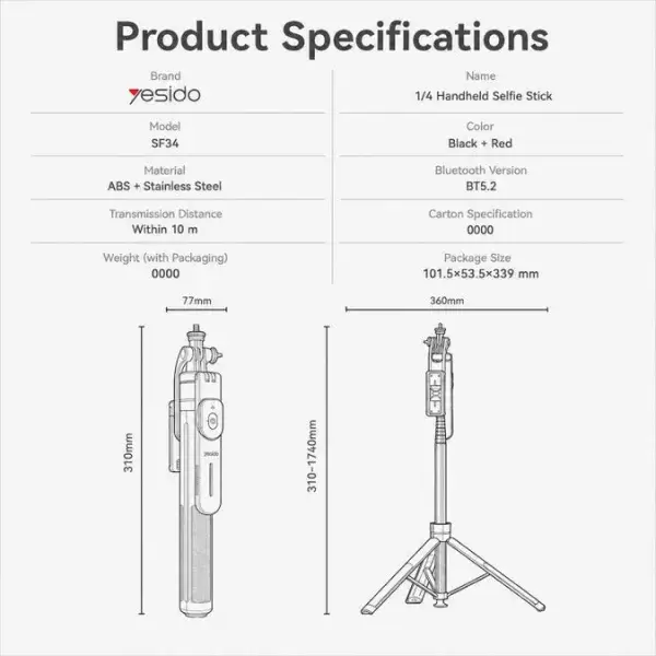 Perche à Selfie & Trépied Bluetooth 5.2 Extensible jusqu’à 174 cm, Télécommande & Filetage 1/4″, Ouverture automatique, Noir – Yesido SF34 – Image 4