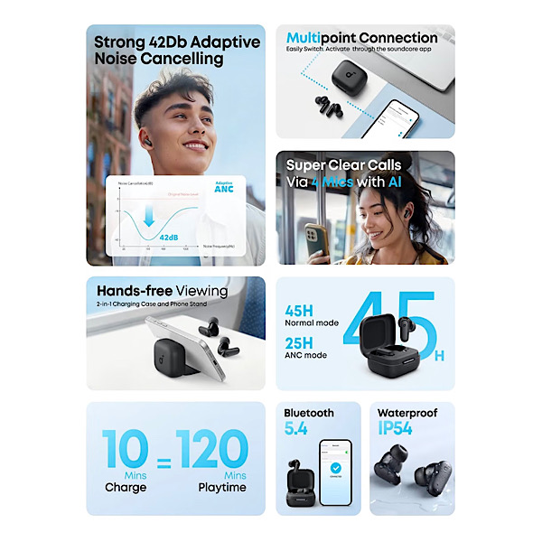 Soundcore R50i NC by Anker - Ecouteurs Bluetooth sans fil, 45h d’autonomie, Réduction de bruit active hybride adaptative, IP54, Commandes tactiles, Blanc – Image 3