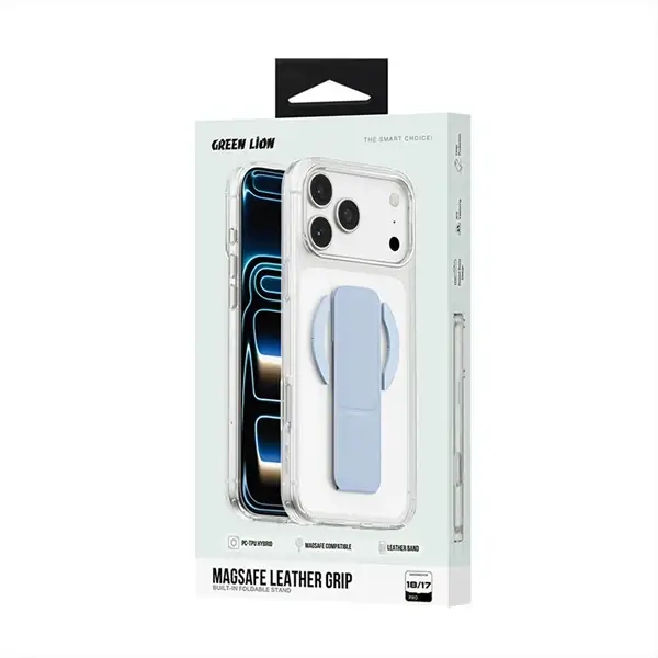 Coque pour iPhone 18 Pro Max Green Lion, Compatible MagSafe, Poignée pliable en cuir bleu intégrée – Image 3