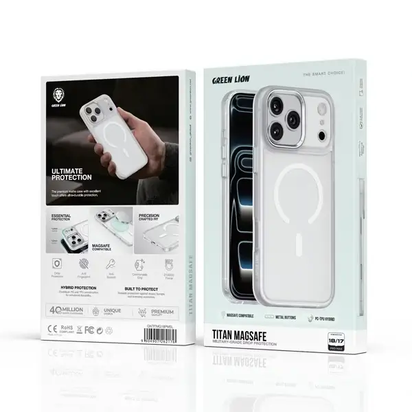 Coque pour iPhone 18 Pro Max Green Lion Titan, Compatible MagSafe, Boutons métalliques, Argent – Image 2