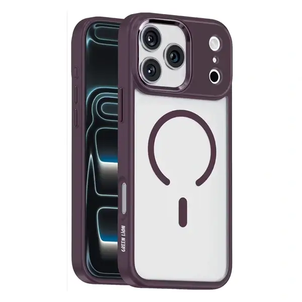 Coque pour iPhone 18 Pro Max Green Lion Titan, Compatible MagSafe, Boutons métalliques, Bordeaux