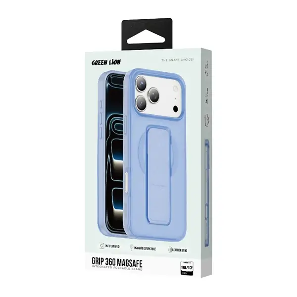 Coque pour iPhone 18 Pro Green Lion, Compatible MagSafe, Poignée 360 en cuir bleu intégrée – Image 2