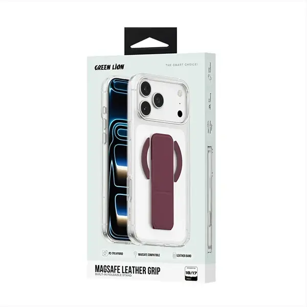 Coque pour iPhone 18 Pro Green Lion Compatible MagSafe, Poignée pliable en cuir bordeaux intégrée – Image 2