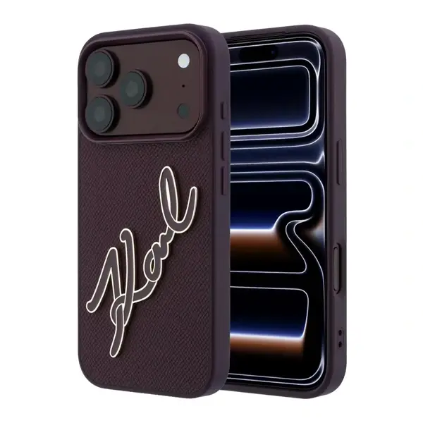 Coque pour iPhone 18 Pro Max Karl Lagerfeld avec grand logo signature en résine, Compatible MagSafe, Cuir PU lisse, Bordeaux – Image 3