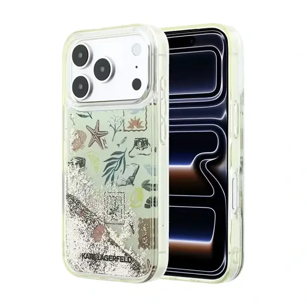 Coque pour iPhone 18 Pro Max Karl Lagerfeld avec paillettes liquides plage et sable, En plastique ABS, Beige