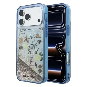 Coque pour iPhone 18 Pro Max Karl Lagerfeld avec paillettes liquides plage et sable, En plastique ABS, Bleu