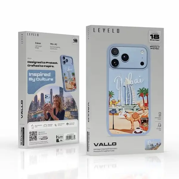 Coque pour iPhone 18 Pro Max Levelo Vallo en PU, Compatible MagSafe, Étui en similicuir, Design Dubaï, Bleu clair – Image 3