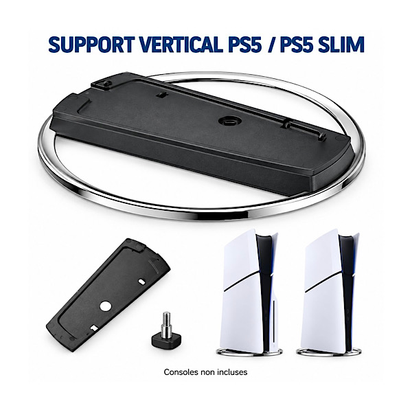 Support vertical pour console PS5 et PS5 Slim, Socle circulaire noir et argent avec adaptateur et vis de fixation