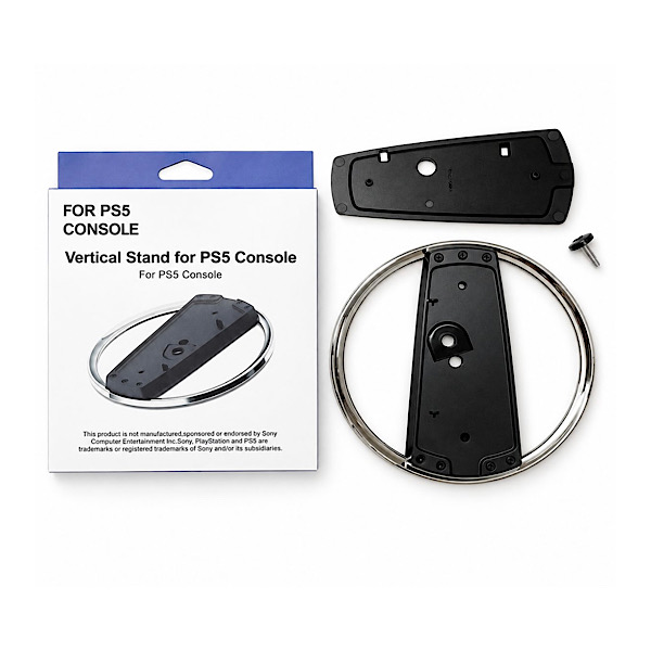 Support vertical pour console PS5 et PS5 Slim, Socle circulaire noir et argent avec adaptateur et vis de fixation – Image 3