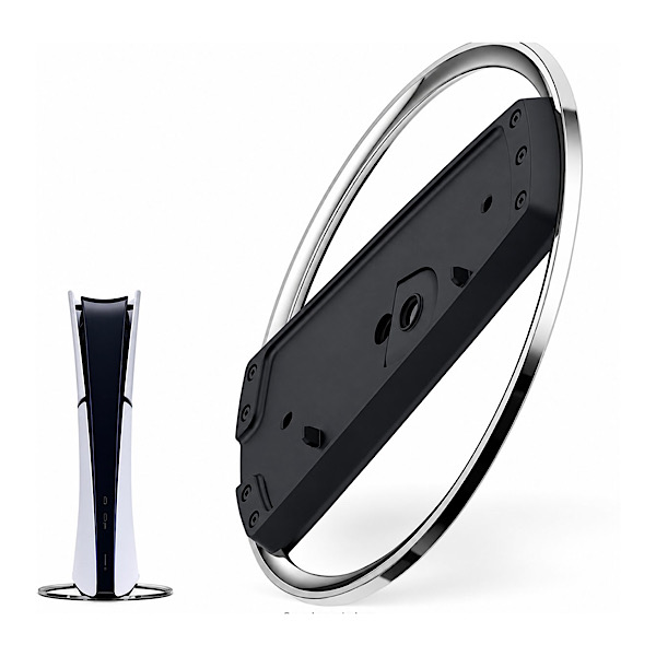 Support vertical pour console PS5 et PS5 Slim, Socle circulaire noir et argent avec adaptateur et vis de fixation – Image 2